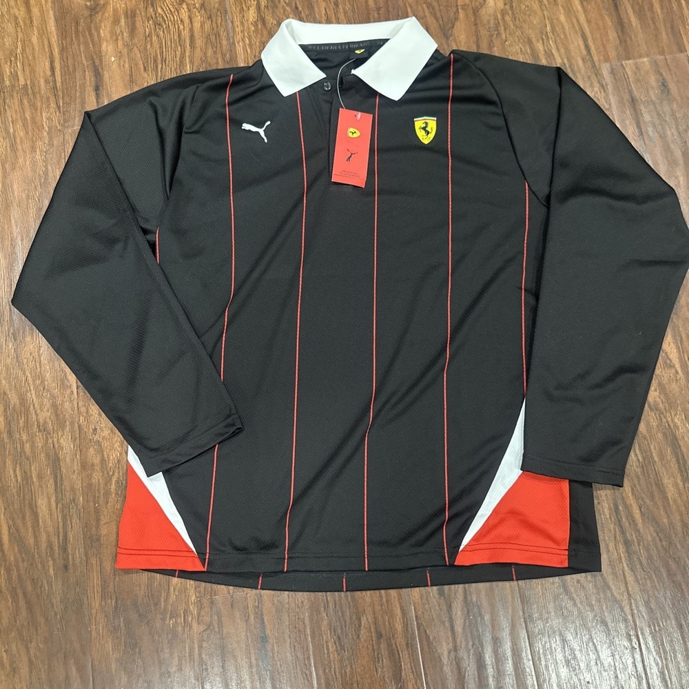 Puma x Scuderia Ferrari Mens Race Jersey Long Sleeve Polo Shirt Black Size Large
